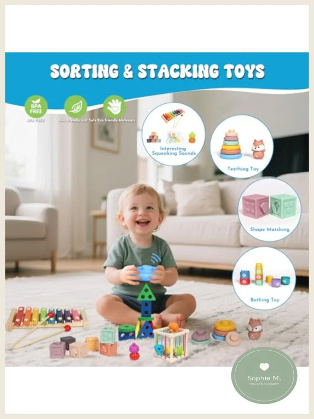 Montessori 7-in-1 Activity Set for Toddlers | Wooden Sorter, Stacking Blocks &